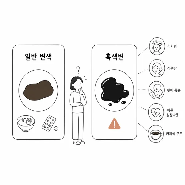음식으로 어두워진 변과 출혈이 의심되는 흑색변의 차이