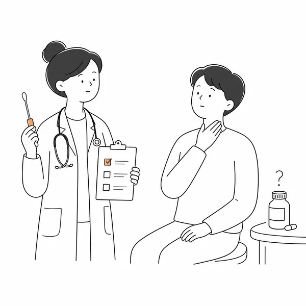 항생제 사용 전 목 검사와 체크리스트를 확인하는 의사와 환자