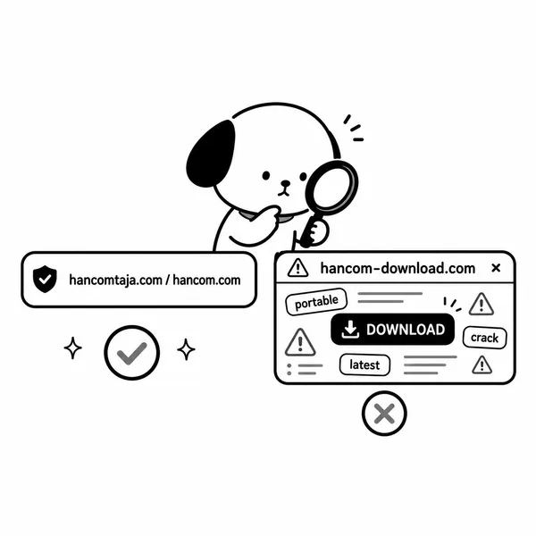 공식 한컴타자 다운로드 주소와 의심스러운 다운로드 버튼을 확인하는 사용자 그림