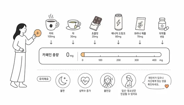 커피 차 초콜릿 에너지음료 과라나 제품 약을 하루 카페인 총량으로 계산하는 사람