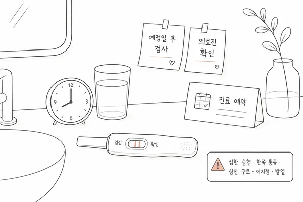 아침 임신테스트기와 진료 예약 카드를 함께 보여주는 일러스트