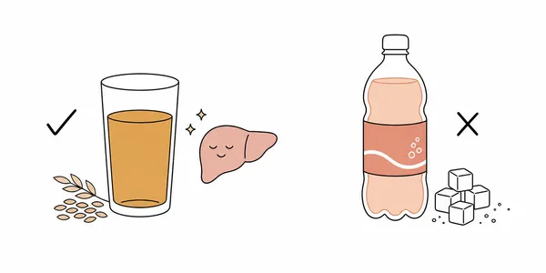 무가당 보리차와 당이 많은 병 음료를 비교하는 일러스트