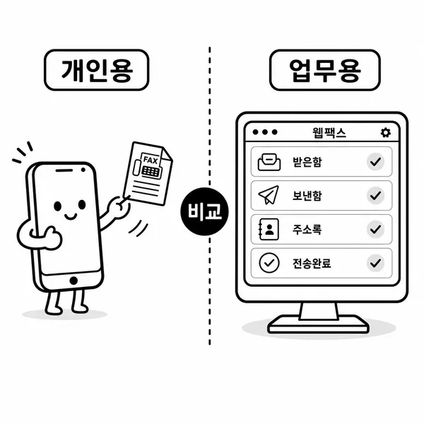 개인용 모바일팩스와 업무용 웹팩스를 비교하는 그림