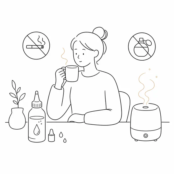 따뜻한 물 마시기와 자극물 피하기, 생리식염수 코세척, 깨끗한 가습기 사용을 보여주는 생활관리 그림