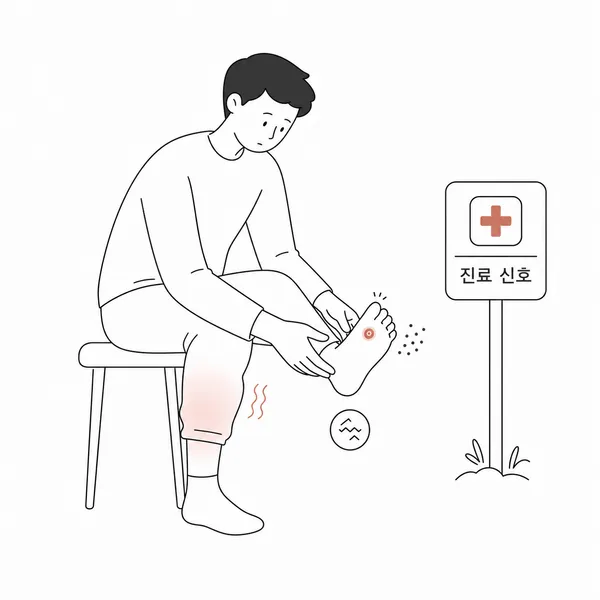 발 상처, 한쪽 다리 붓기, 감각 저하 등 발바닥 화끈거림 진료 신호를 보여주는 그림