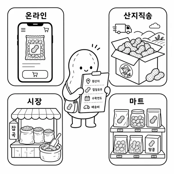 온라인 산지직송 시장 마트에서 생땅콩을 사는 방법을 비교한 일러스트