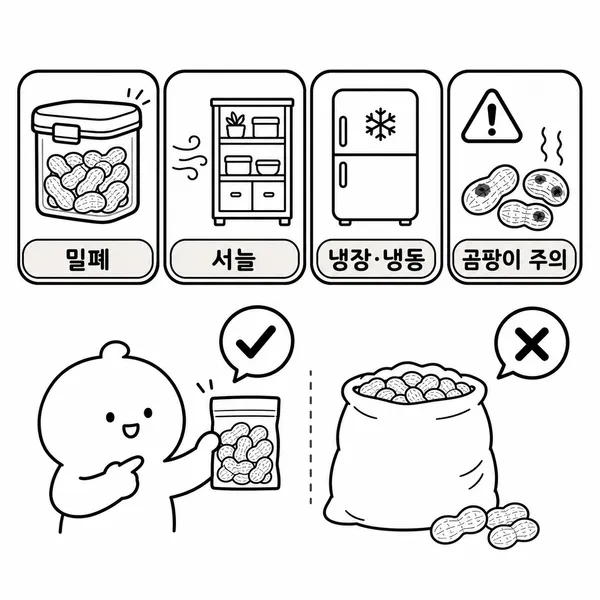 생땅콩을 밀폐 보관하고 곰팡이를 주의해야 한다는 안전 체크 일러스트