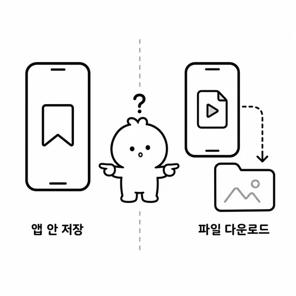 앱 안 저장과 휴대폰 파일 다운로드의 차이를 비교한 일러스트