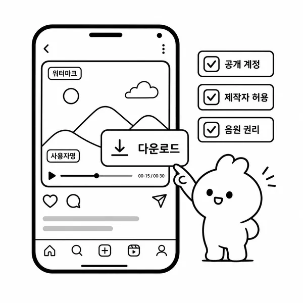 공개 릴스에서 공식 다운로드 버튼을 확인하는 과정을 그린 일러스트