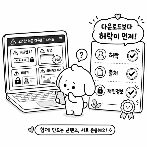 외부 다운로드 사이트 이용 전 허락과 개인정보를 확인하라는 경고 일러스트