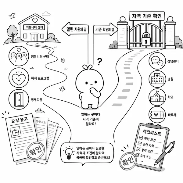 취업처와 공공사업마다 자격 기준이 다름을 보여주는 갈림길 그림