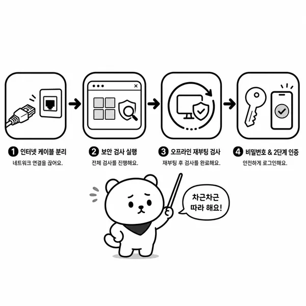 악성코드 감염이 의심될 때 인터넷 차단부터 비밀번호 변경까지의 대응 순서