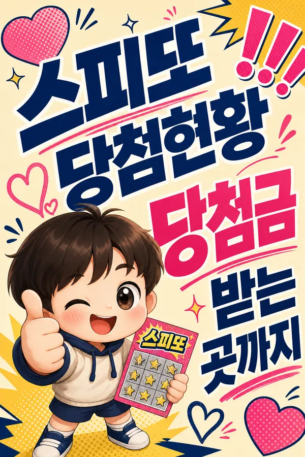 스피또 당첨현황과 당첨금 수령 방법을 안내하는 귀여운 마스코트 포스터