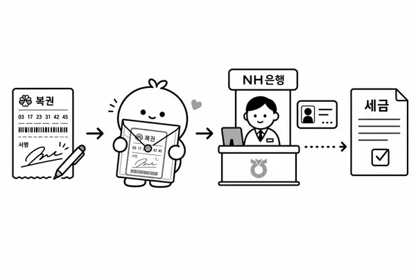 서명한 실물 복권을 보관하고 은행에서 당첨금을 수령하는 절차 일러스트