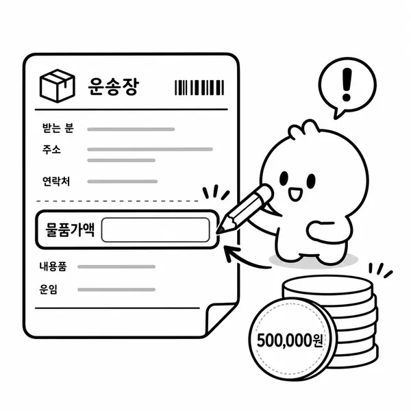 운송장 물품가액 기재 여부와 50만 원 보상 한도를 설명하는 그림