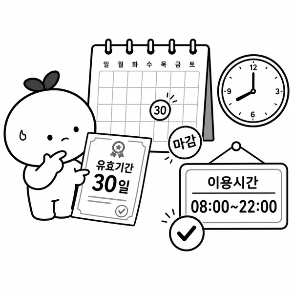납세증명서 유효기간 30일과 발급 가능 시간 08시부터 22시까지를 보여주는 달력과 시계 그림