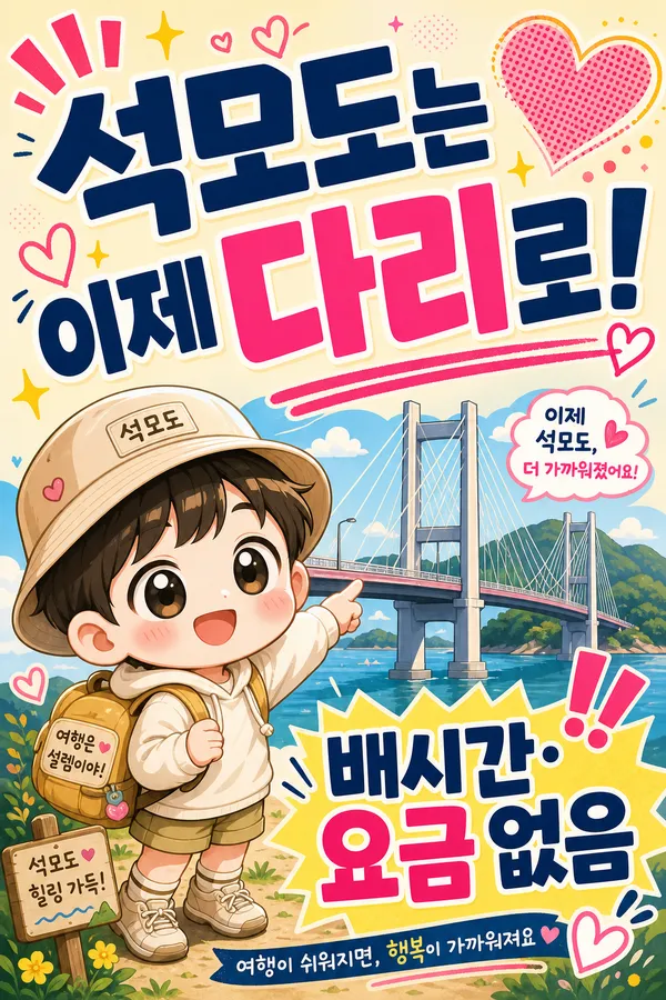 석모도는 이제 다리로 갈 수 있고 배시간과 요금이 없다는 안내 이미지