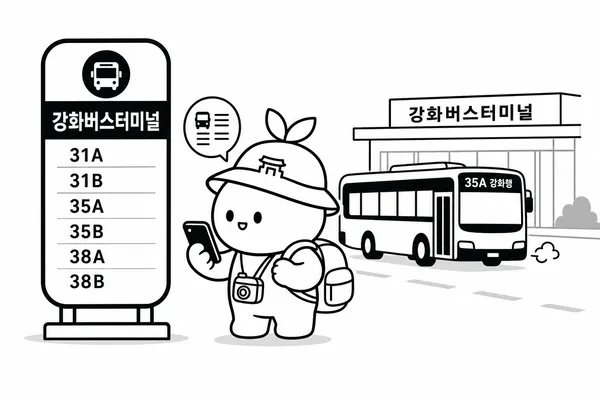 강화버스터미널에서 석모도행 군내버스 시간표를 확인하는 여행자