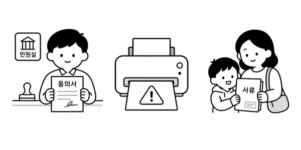 방문 발급이 필요한 대리 신청과 출력 문제 상황