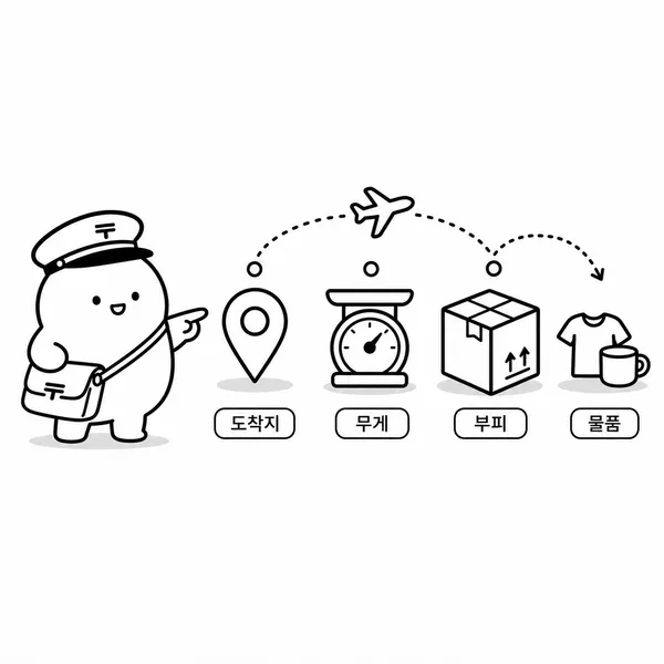 EMS 요금이 국가, 무게, 박스 부피에 따라 달라지는 기준을 보여주는 일러스트