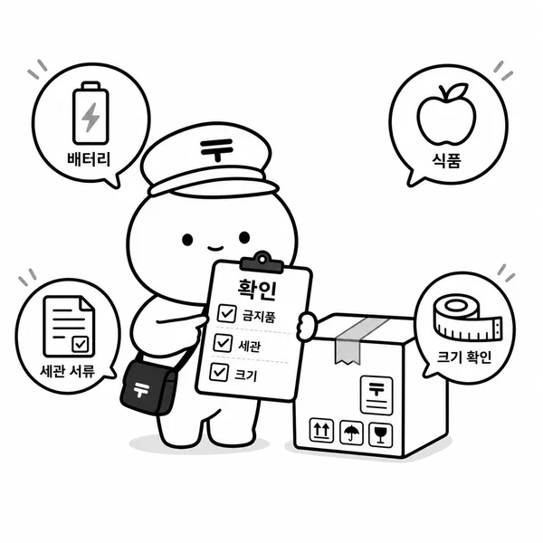 EMS 발송 전 배터리, 음식, 세관신고서, 박스 크기를 확인하는 체크리스트 일러스트