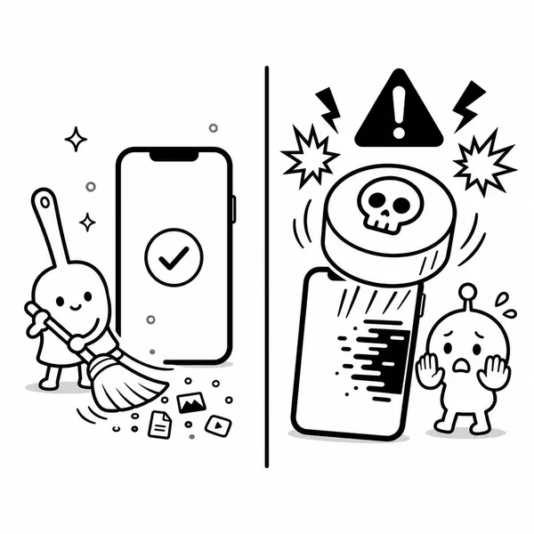카카오톡 캐시 삭제와 데이터 삭제의 위험도 차이를 비교한 그림