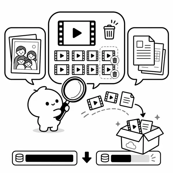 가족 사진, 업무 문서, 영상이 많은 큰 채팅방을 찾아 정리하는 그림
