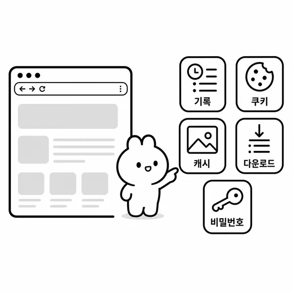 방문 기록, 쿠키, 캐시, 다운로드 기록, 비밀번호가 서로 다른 삭제 항목임을 보여주는 그림