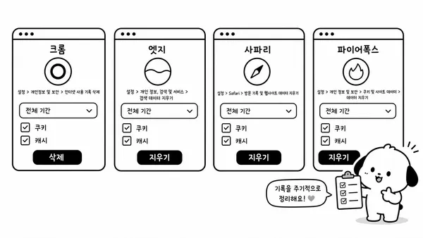 크롬, 엣지, 사파리, 파이어폭스에서 기록 삭제 경로를 비교하는 그림