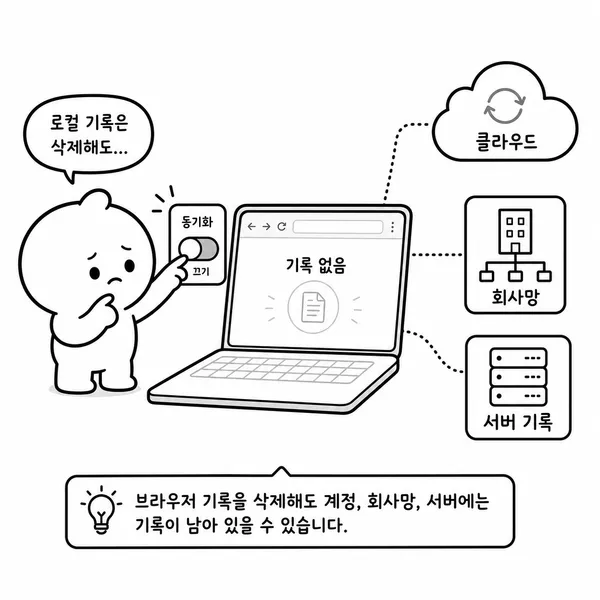 로컬 브라우저 기록 삭제와 계정 활동, 회사 네트워크, 웹사이트 서버 기록의 차이를 보여주는 그림