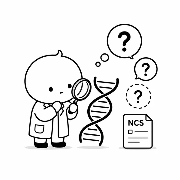NCS와 유전자 단서를 살펴보는 과학자 캐릭터 일러스트