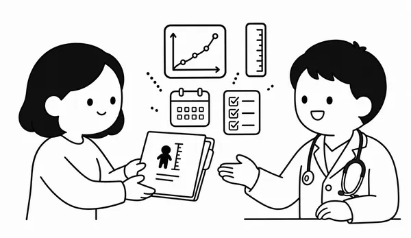 성장 기록을 들고 소아 전문의와 상담하는 보호자 캐릭터 일러스트