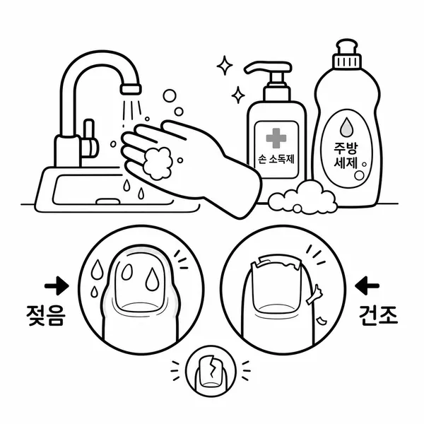 물과 세제, 손소독제 노출로 손톱이 젖었다 마르며 갈라지는 과정을 보여주는 그림