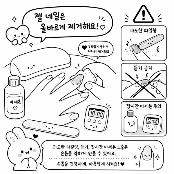 젤네일 제거와 리무버 사용, 무리하게 뜯는 행동이 손톱을 약하게 만들 수 있음을 설명하는 그림