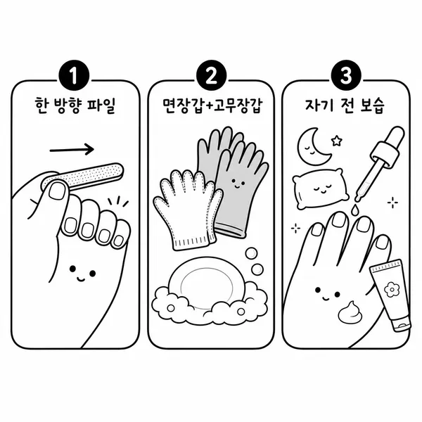 손톱을 짧고 둥글게 정리하고 장갑과 보습제를 사용하는 집에서의 손톱 관리법 그림