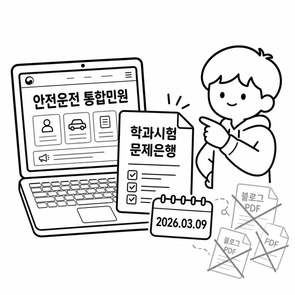 안전운전 통합민원 공식 사이트와 학과시험 문제은행 자료를 확인하는 학습자 그림