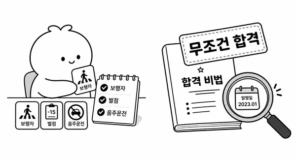 운전면허 필기시험 공부 체크리스트와 무조건 합격 광고성 자료를 조심하라는 안내 그림