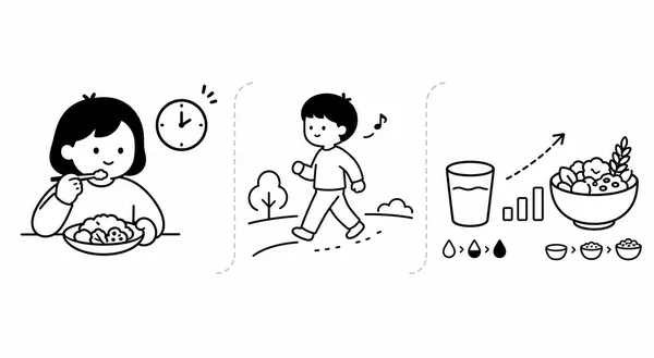 천천히 먹기, 식후 가볍게 걷기, 물과 식이섬유를 천천히 늘리는 방법을 보여주는 그림