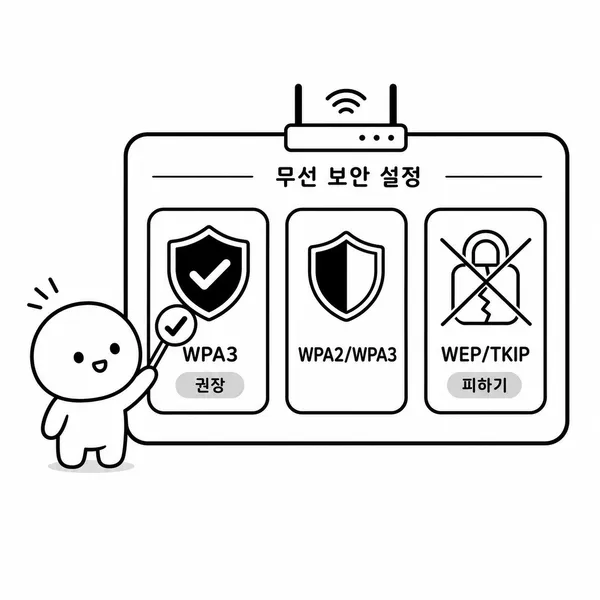 공유기 보안 방식에서 WPA3와 WPA2 AES를 선택하고 WEP와 TKIP를 피하는 안내 이미지
