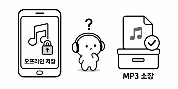 앱 안에서만 듣는 오프라인 저장과 파일로 보관하는 MP3 소장을 비교한 그림