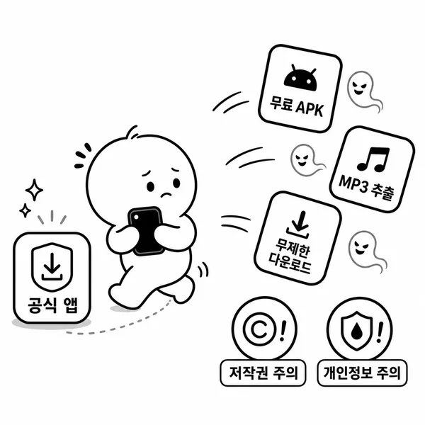 무료 APK와 MP3 추출 앱 같은 위험한 음악 다운로드 앱을 피하라는 안내 그림