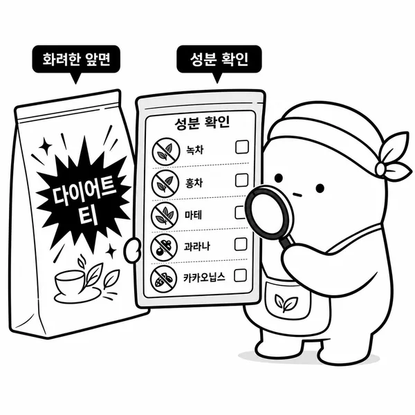 차 포장 뒷면의 원재료명을 확대해 확인하는 사람과 카페인 원료 주의 아이콘
