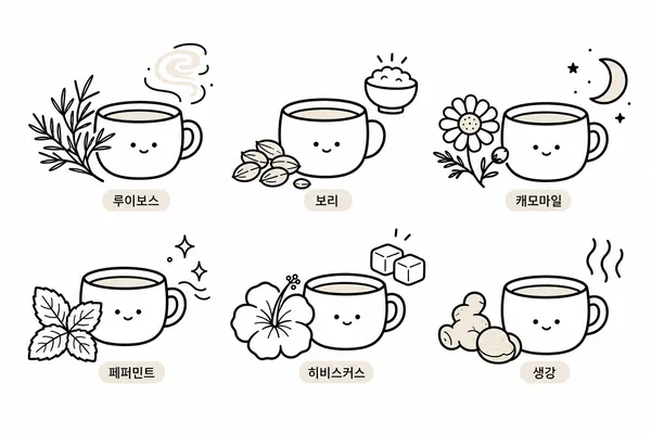 루이보스 보리 캐모마일 페퍼민트 히비스커스 생강을 상징하는 여섯 잔의 무카페인 차 일러스트