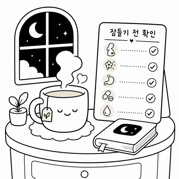 밤 루틴용 허브차와 임신 알레르기 역류 혈압약 항응고제 주의 체크리스트 일러스트