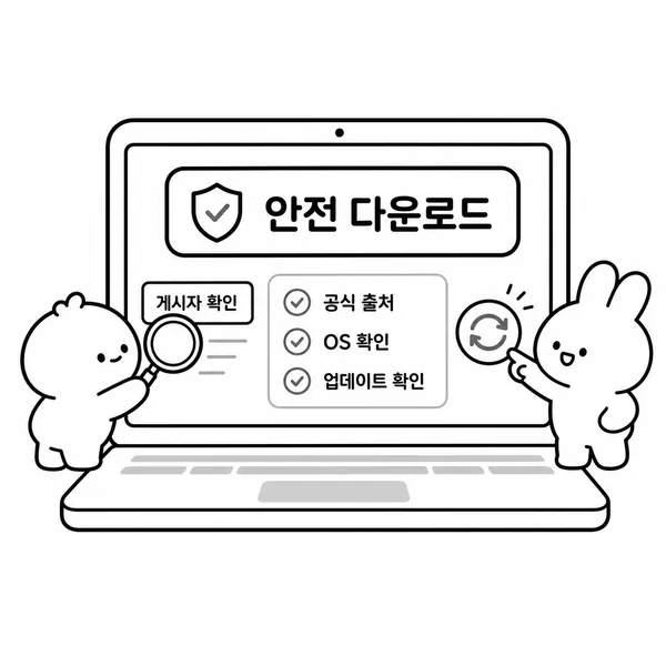 공식 다운로드 페이지와 업데이트 확인을 안내하는 노트북 일러스트