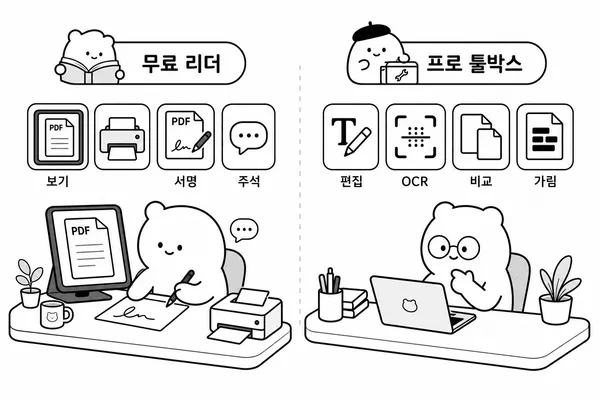 무료 Adobe Reader와 유료 Acrobat Pro 기능 차이를 비교하는 책상 일러스트