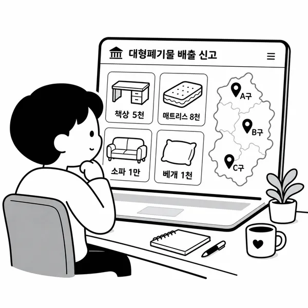지자체 홈페이지에서 책상 매트리스 소파 베개 수수료를 비교 조회하는 모습