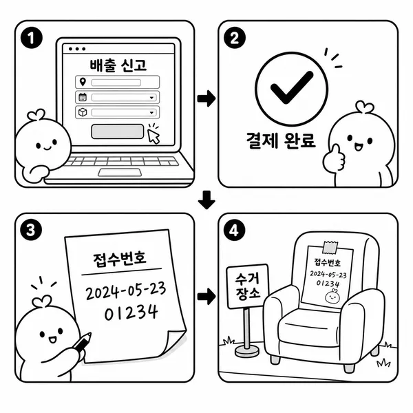 온라인 신고 후 접수번호를 적어 의자에 붙이고 지정 장소에 배출하는 과정