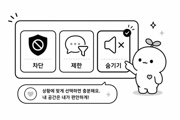 차단, 제한, 숨기기 옵션 중 상황에 맞는 설정을 고르는 일러스트