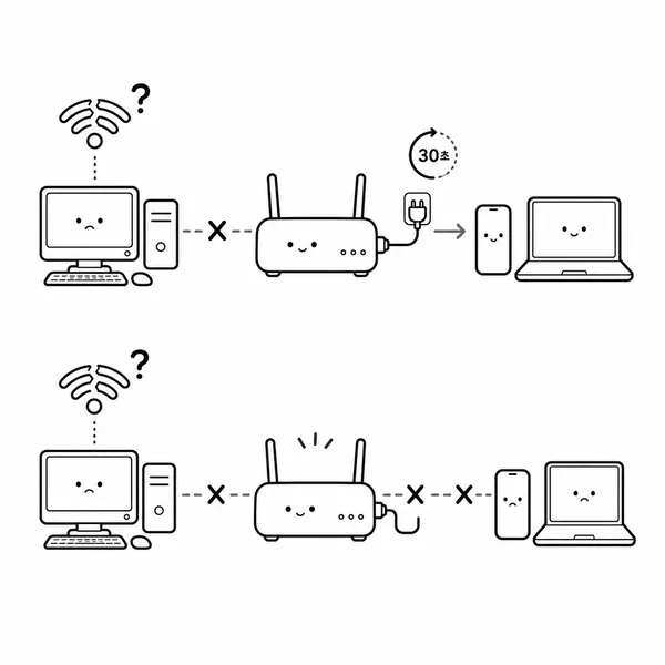 PC 한 대만 인터넷이 안 되는 경우와 모든 기기가 안 되는 경우를 비교하는 공유기 점검 그림